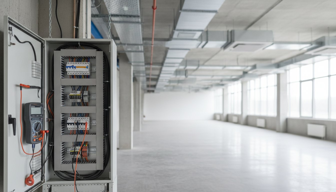 Técnico mede a tensão do quadro elétrico antes de instalar dutos de ventilação no teto.
