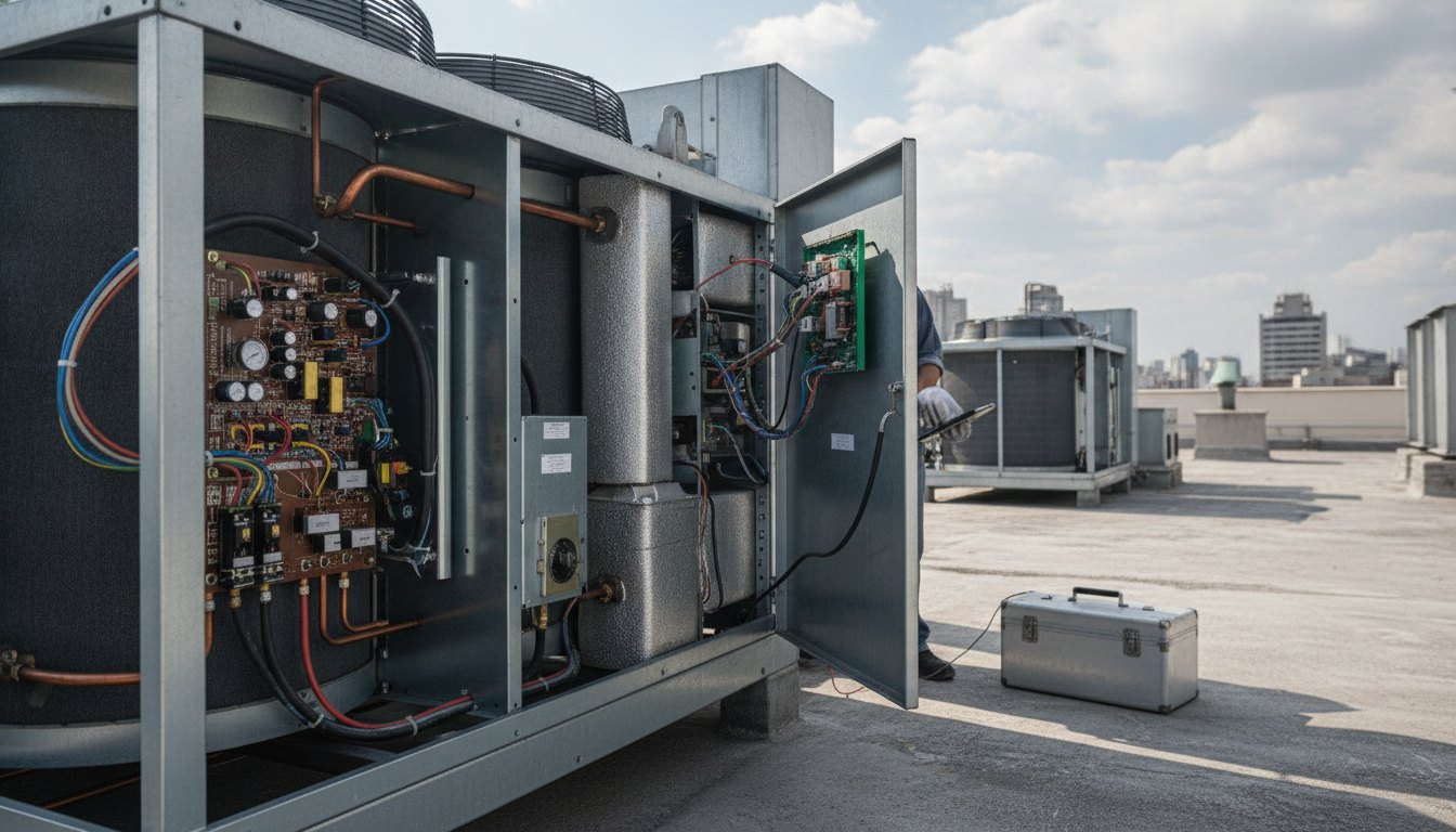 Técnicos avaliam componentes internos de um equipamento de ar condicionado central no telhado de um edifício.