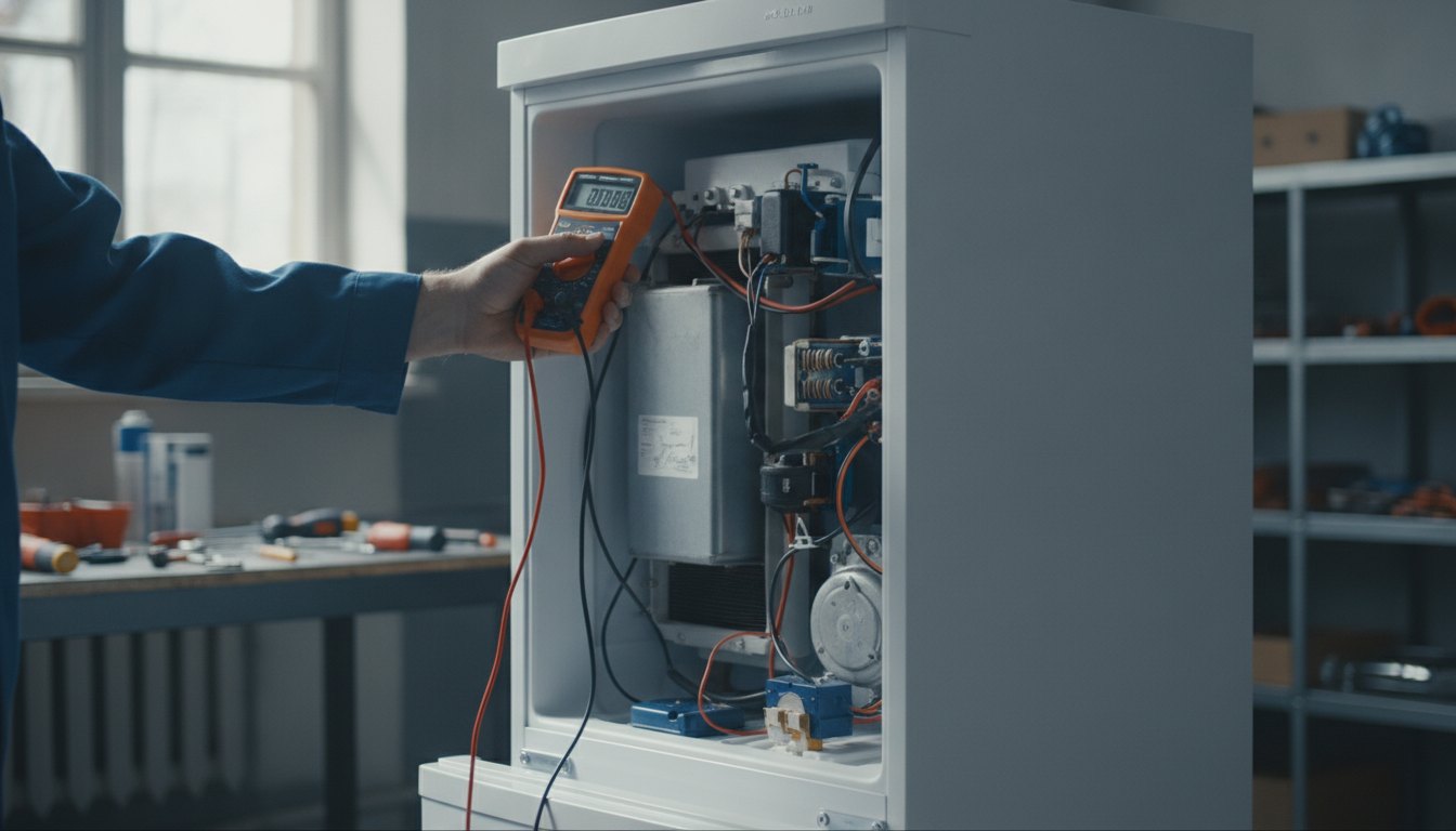 Técnico com uniforme azul inspecionando o motor de uma geladeira com um multímetro digital.