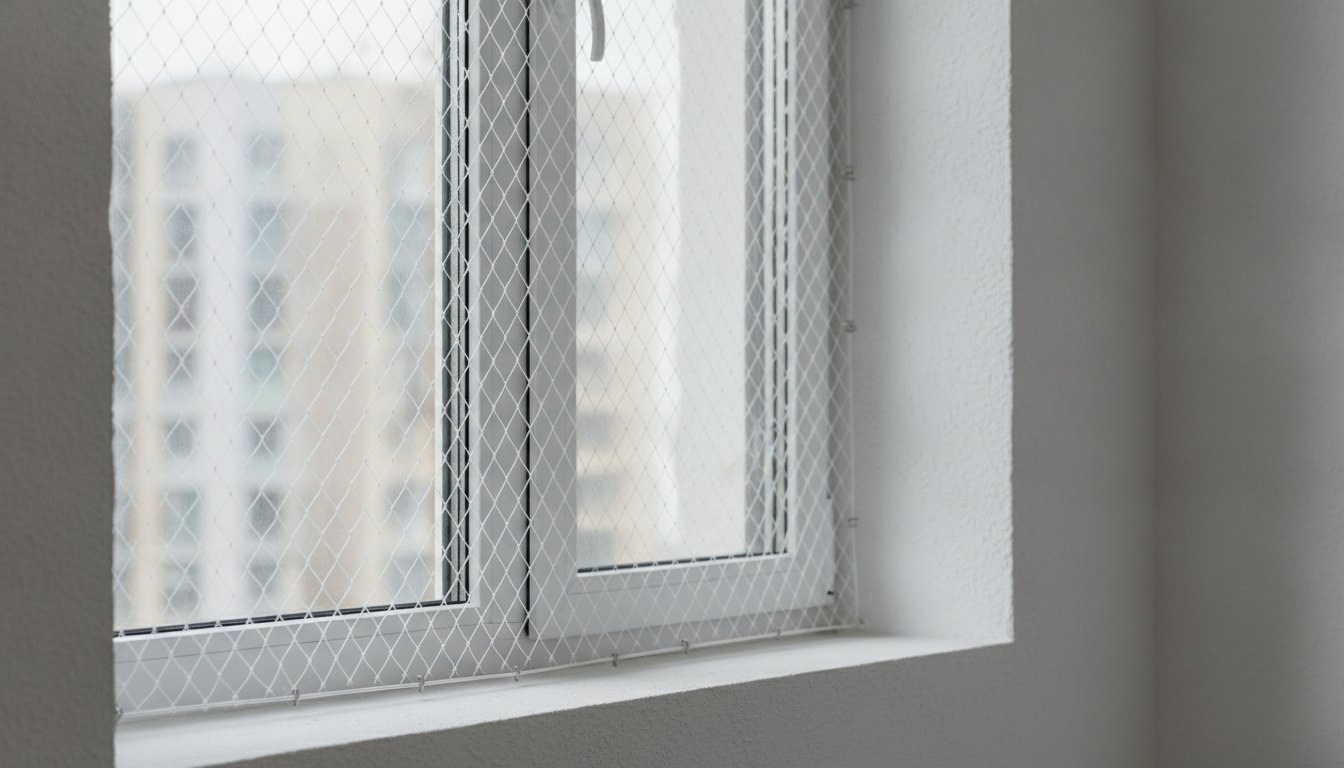 Janela de apartamento com malha sintética recém-instalada e ganchos metálicos fixados firmemente na parede externa.
