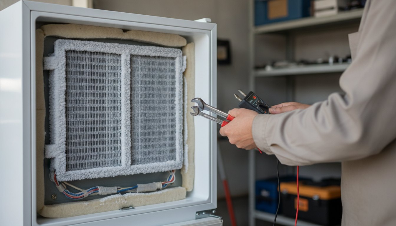 Técnico com ferramentas inspecionando o painel traseiro e o evaporador de um refrigerador com gelo.