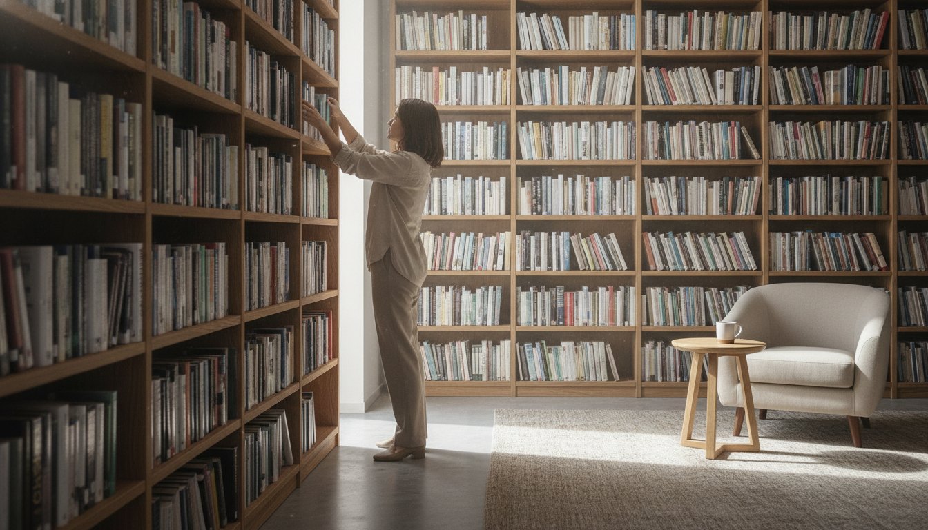 Mulher organiza livros em prateleiras de madeira de uma sala de leitura bem iluminada.