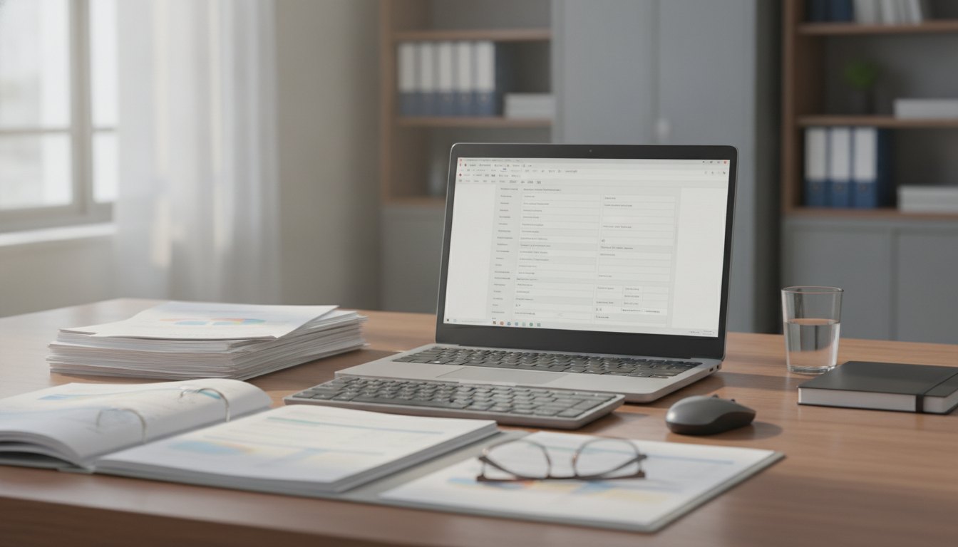 Servidor público analisa formulários e digita dados educacionais em um computador sobre a mesa de escritório.