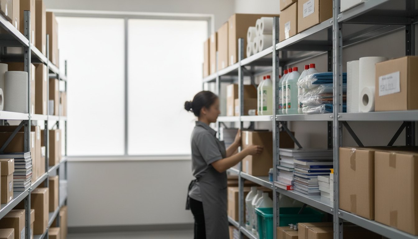 Servidor público organizando caixas de materiais didáticos e produtos de limpeza em prateleiras de almoxarifado.