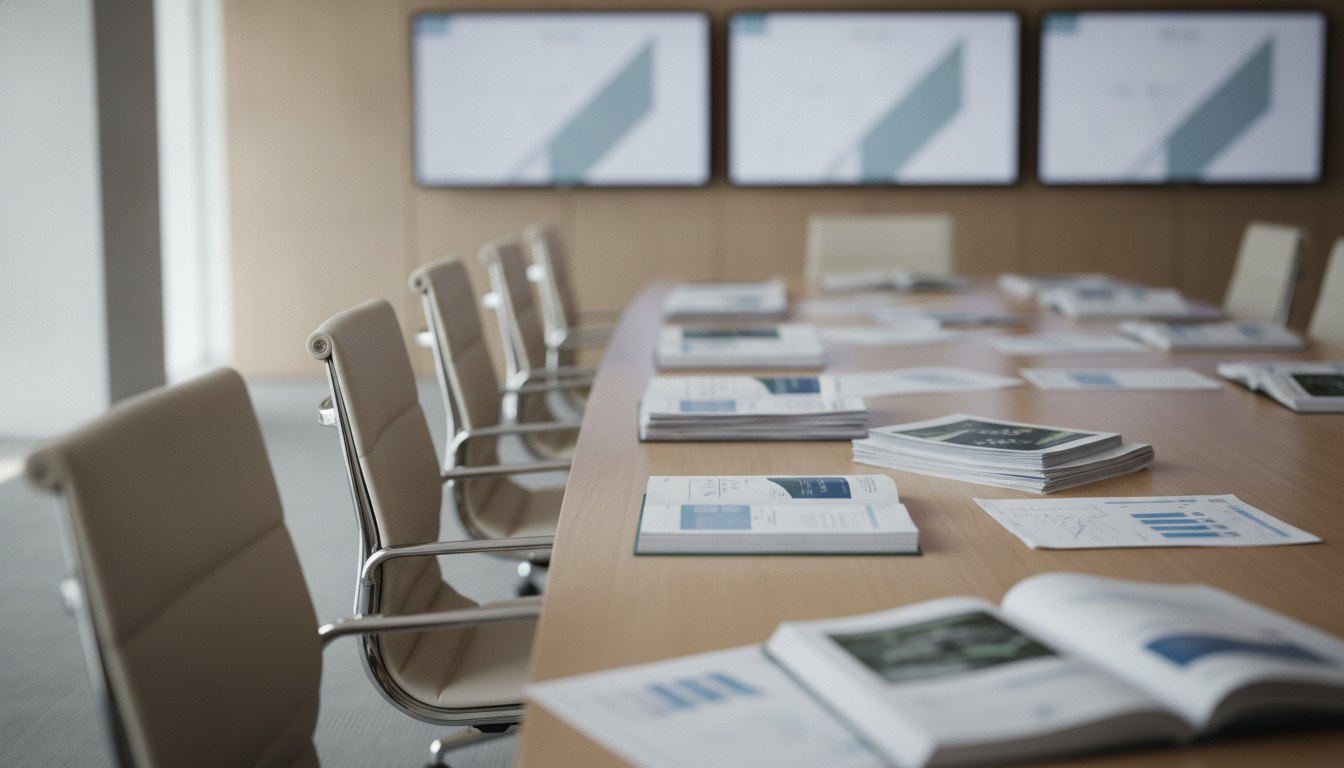 Servidores públicos sentados ao redor de uma mesa de reunião discutindo documentos impressos e gráficos.