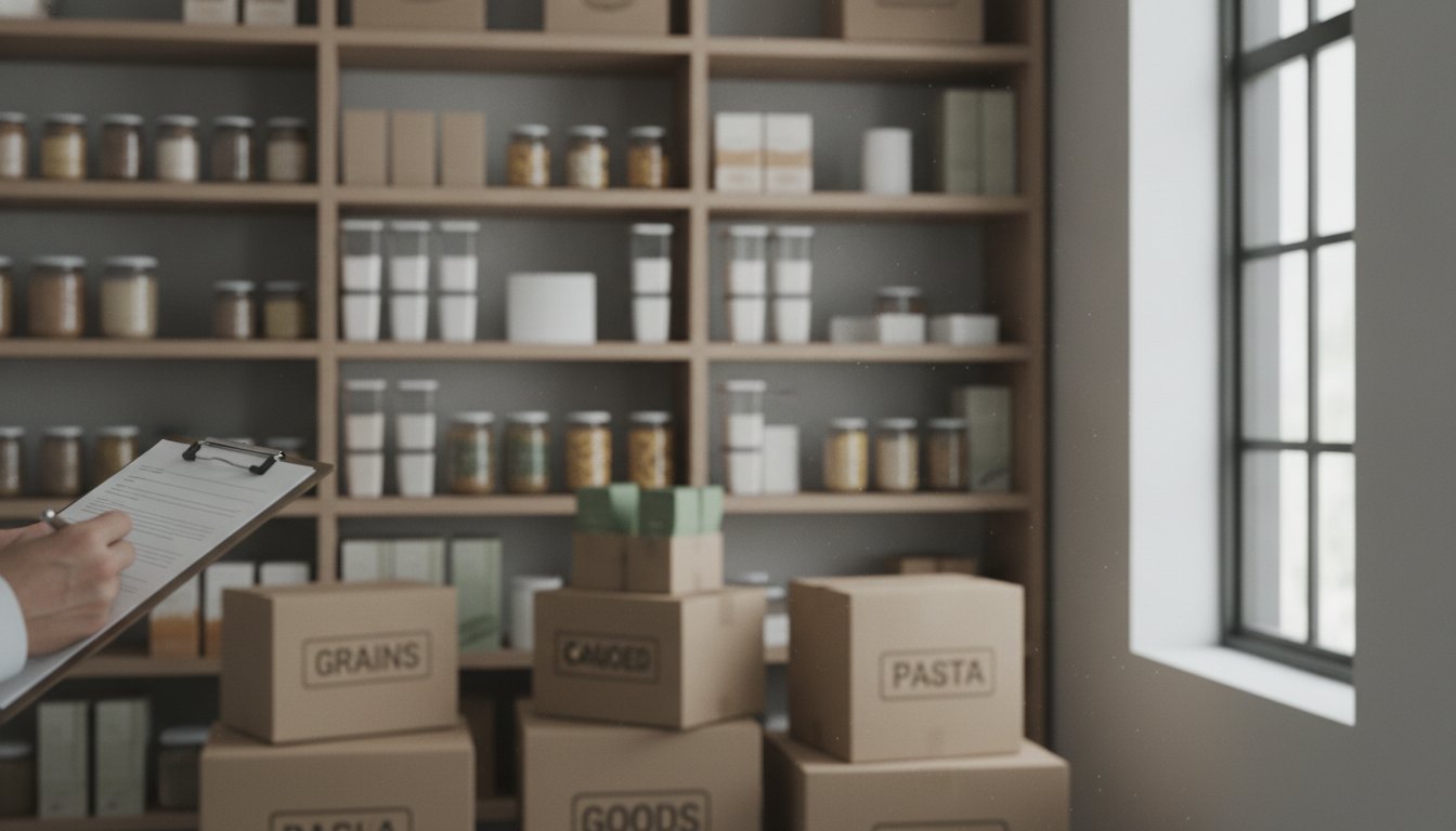 Profissional com prancheta nas mãos verificando caixas de alimentos em uma despensa organizada.