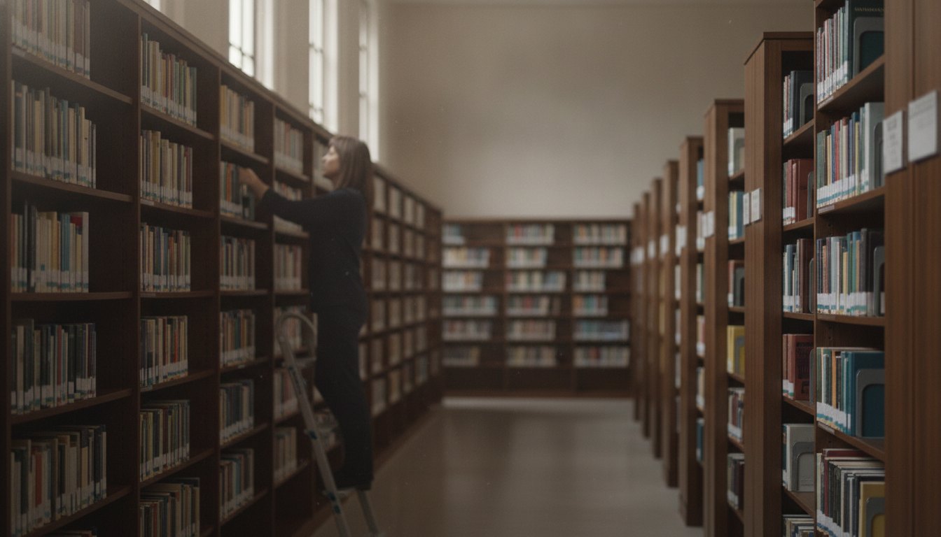 Servidora organizando livros em estantes de uma biblioteca com etiquetas de identificação nas lombadas.