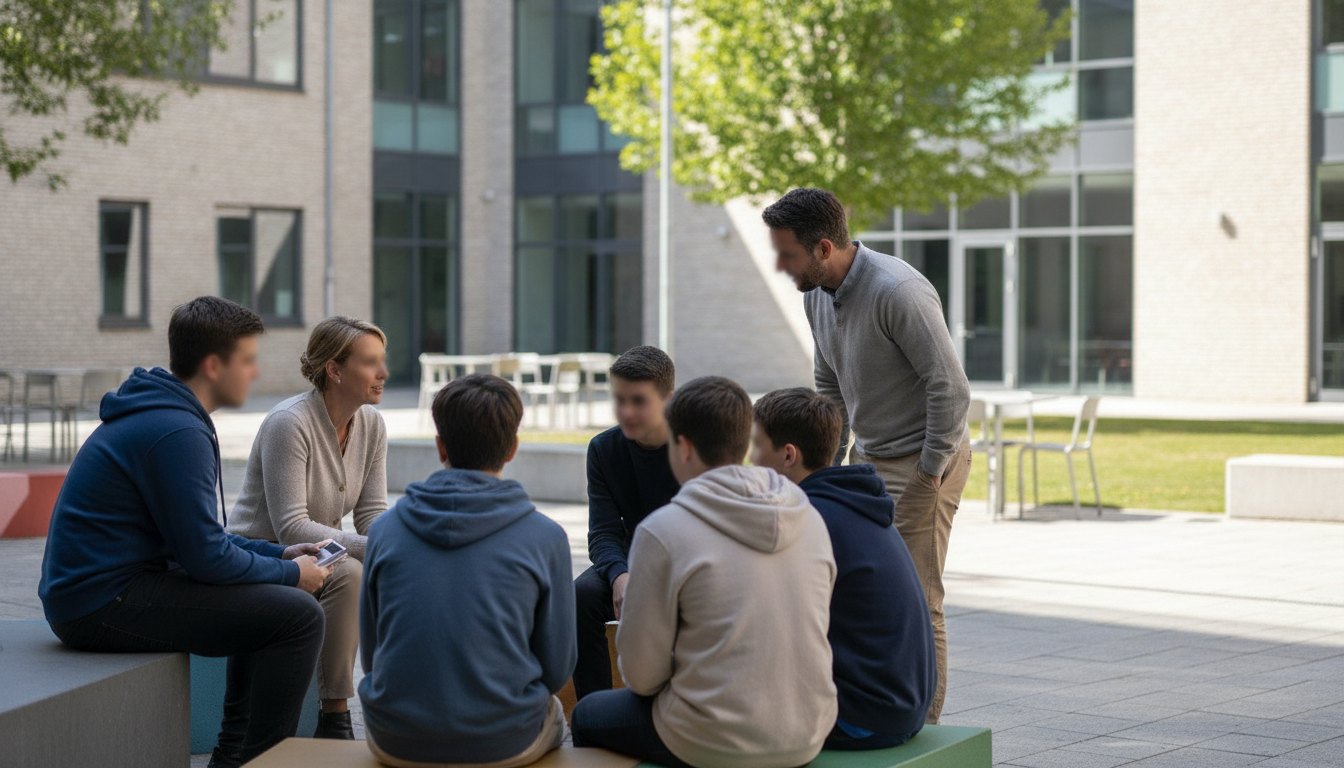 Profissionais da educação conversam de forma atenta com um grupo de adolescentes sentados no pátio escolar.