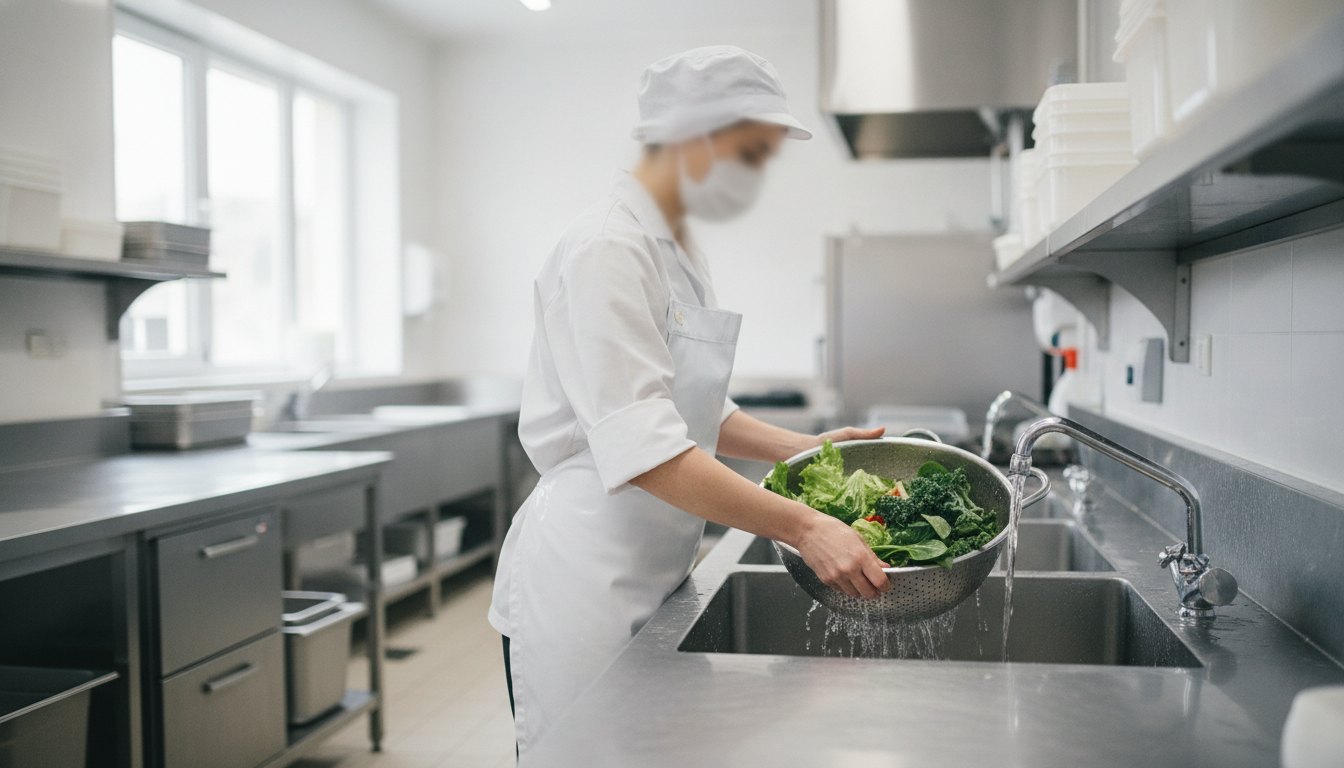 Merendeira com avental e touca higienizando verduras em uma pia de aço inox na cozinha escolar.