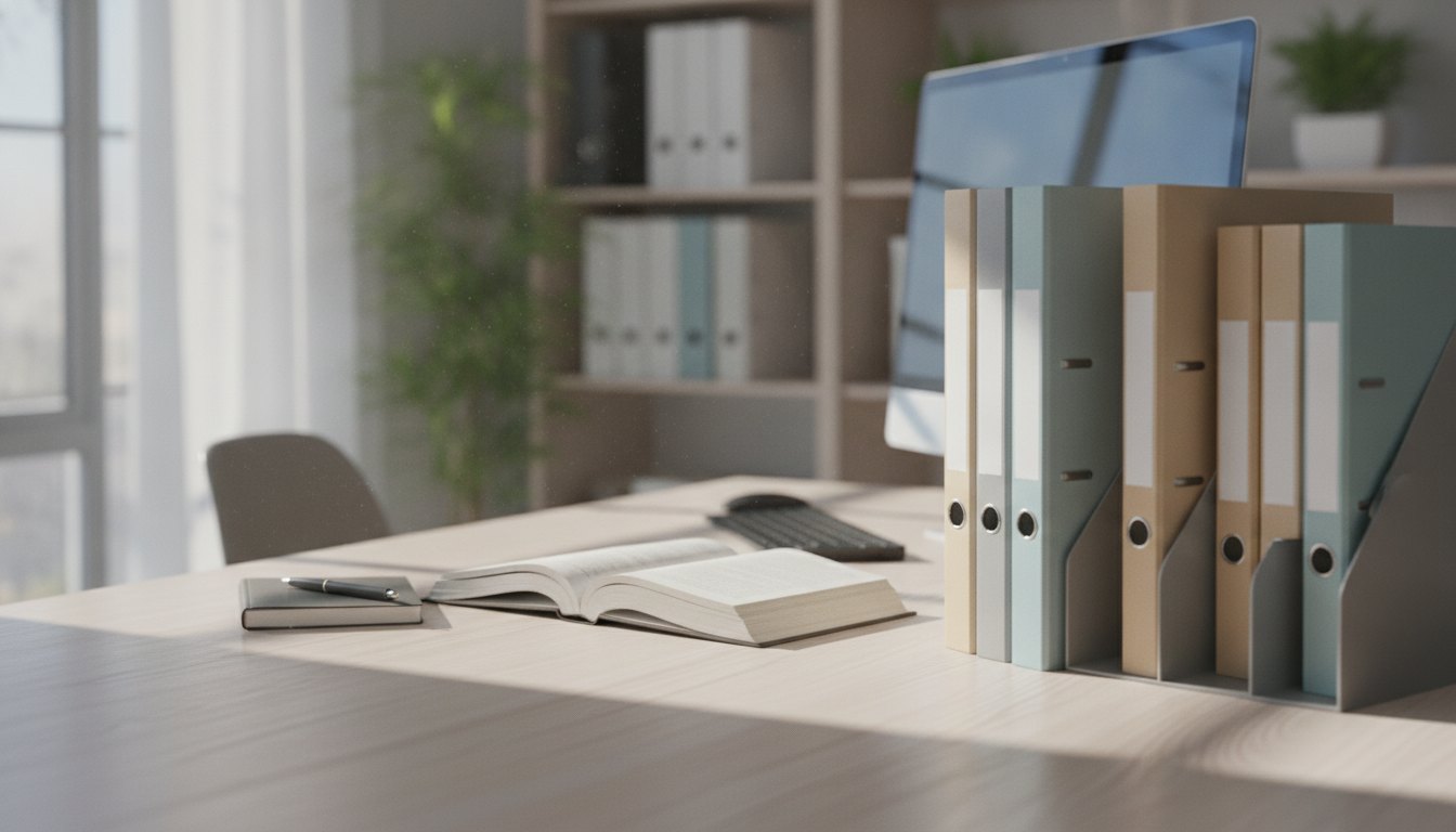 Servidor público digitando em um computador em uma mesa de escritório com pastas organizadas.
