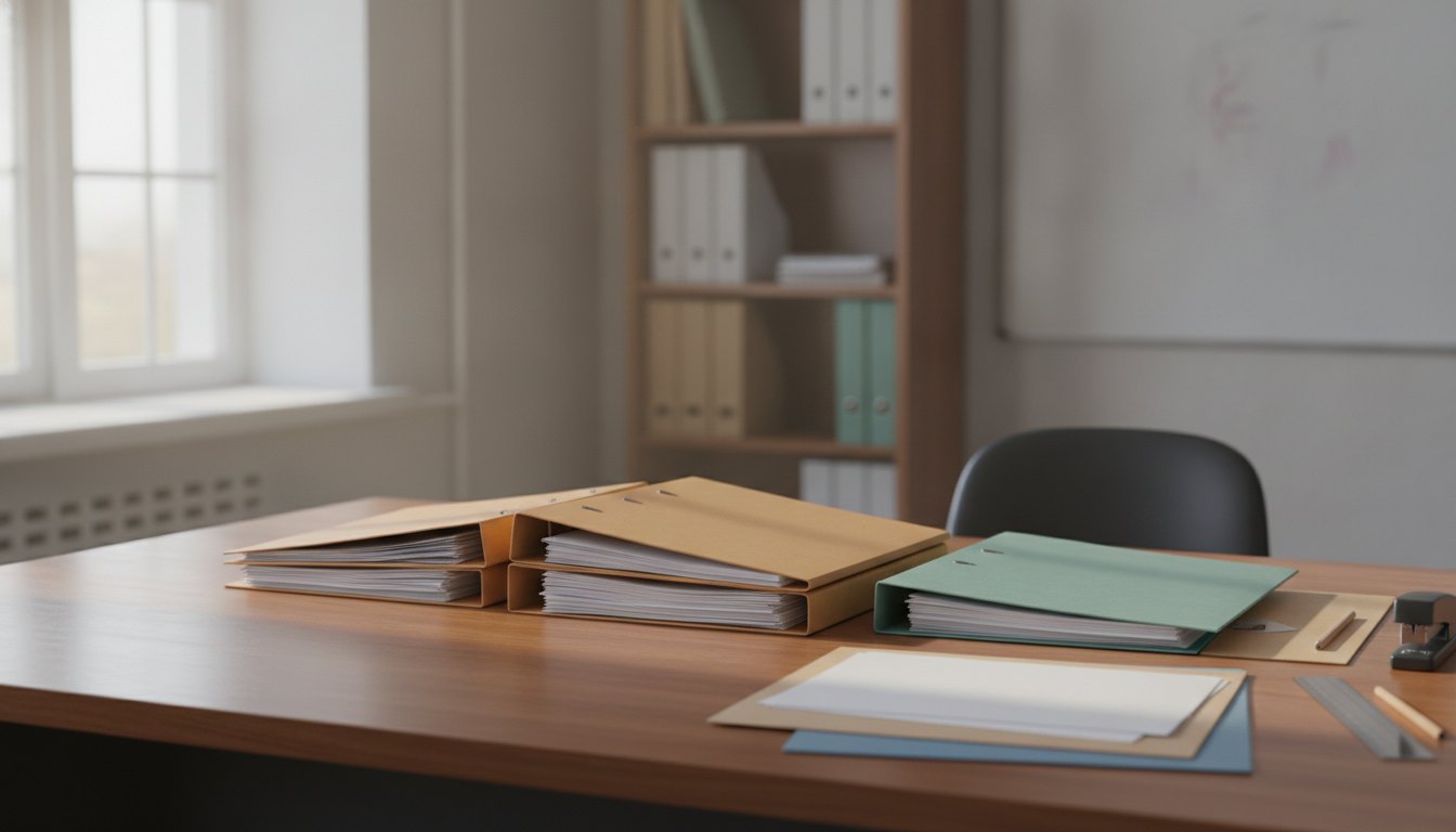 Profissional organizando documentos em pastas físicas sobre uma mesa de escritório em um ambiente escolar.