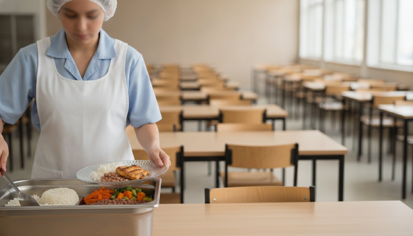 merendeira com avental e touca servindo refeição em prato de vidro no refeitório de escola