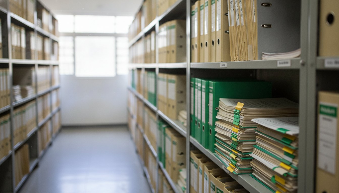 Servidora pública organiza pastas em prateleiras de um arquivo físico dentro de uma secretaria escolar.