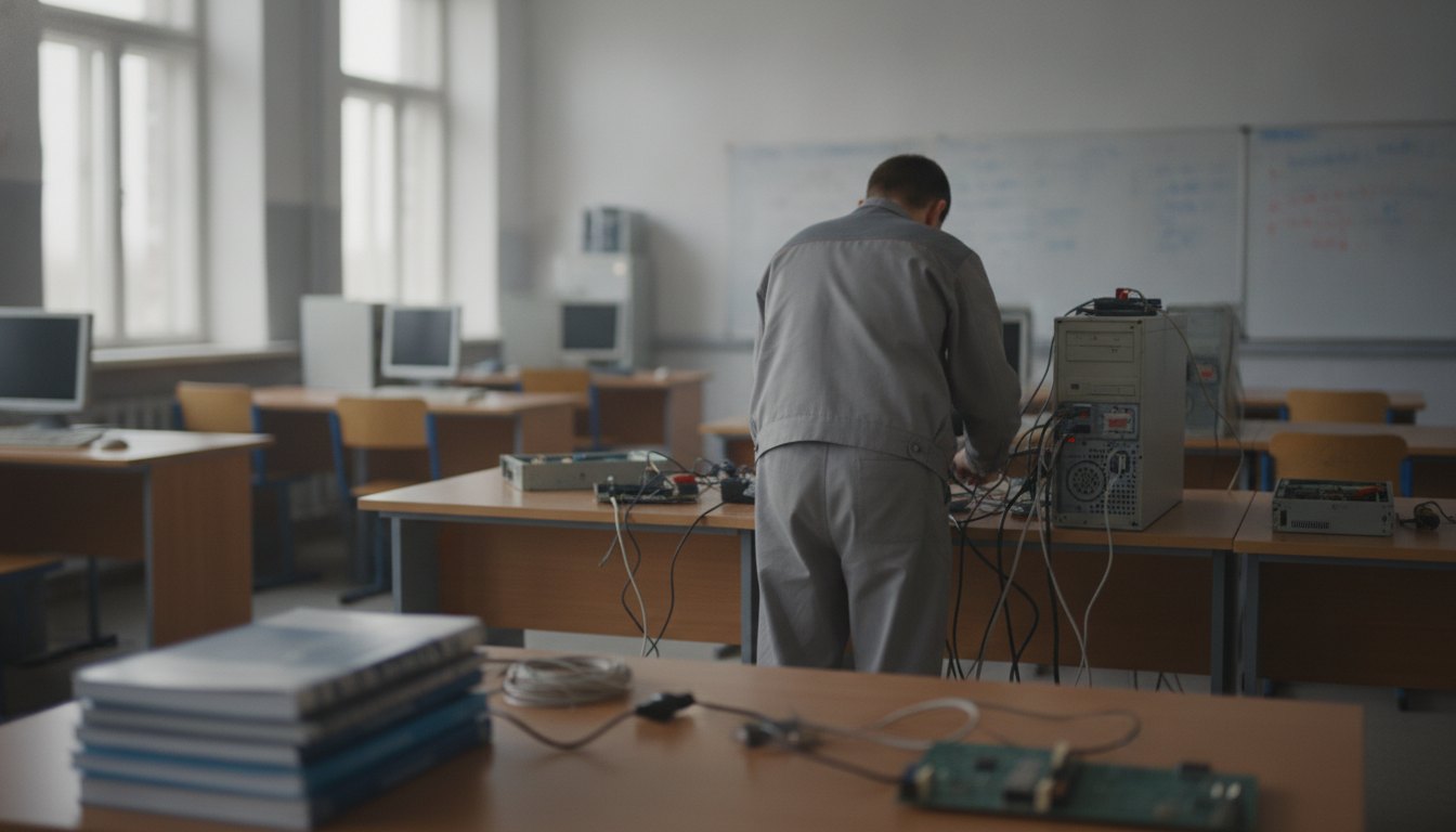 Servidor público ajustando os cabos de um computador de mesa em um laboratório escolar.
