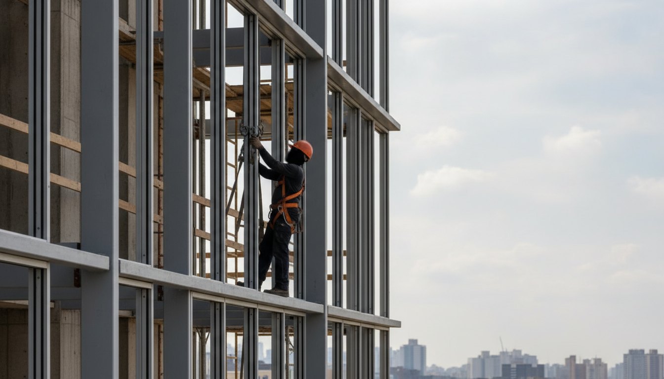 Profissional com capacete e cinto de segurança fixando ganchos na estrutura de uma janela.