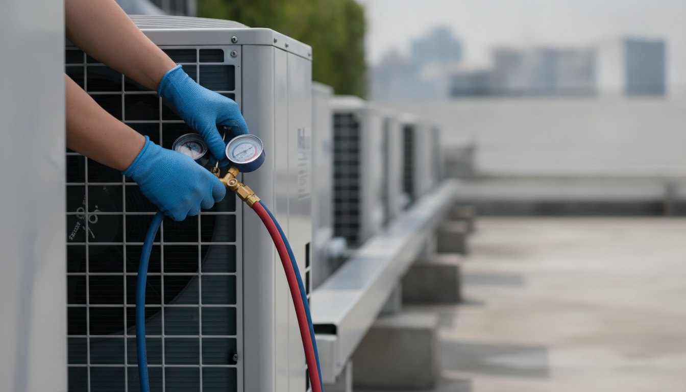 Técnico com luvas conectando mangueiras de aferição de pressão em uma unidade externa de climatização.