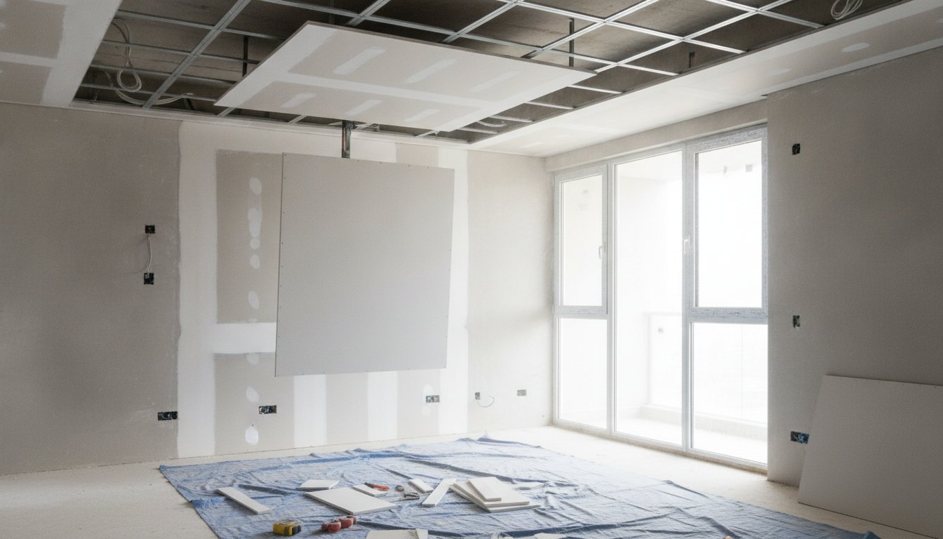 Operário instalando placas de gesso acartonado no teto de um apartamento em reforma.