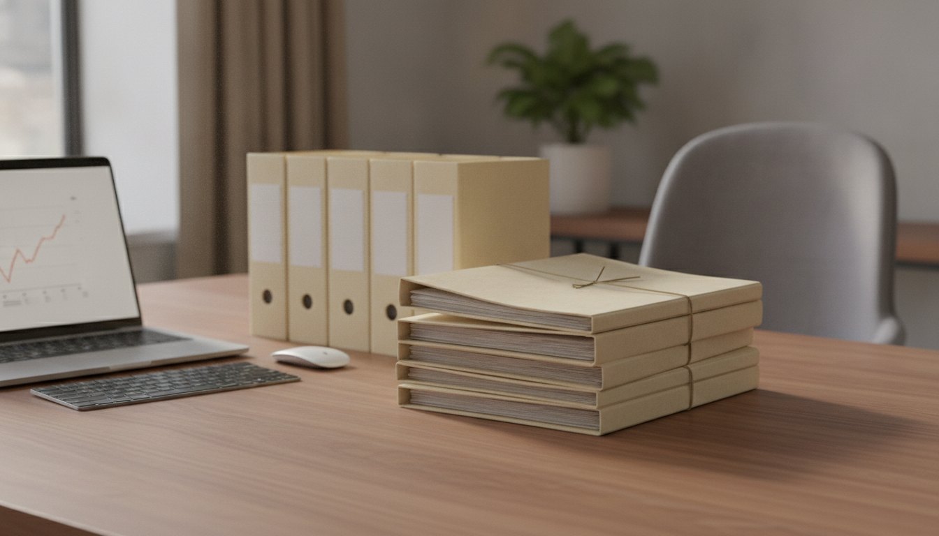 Pastas de arquivos organizadas sobre uma mesa de escritório ao lado de um computador ligado.
