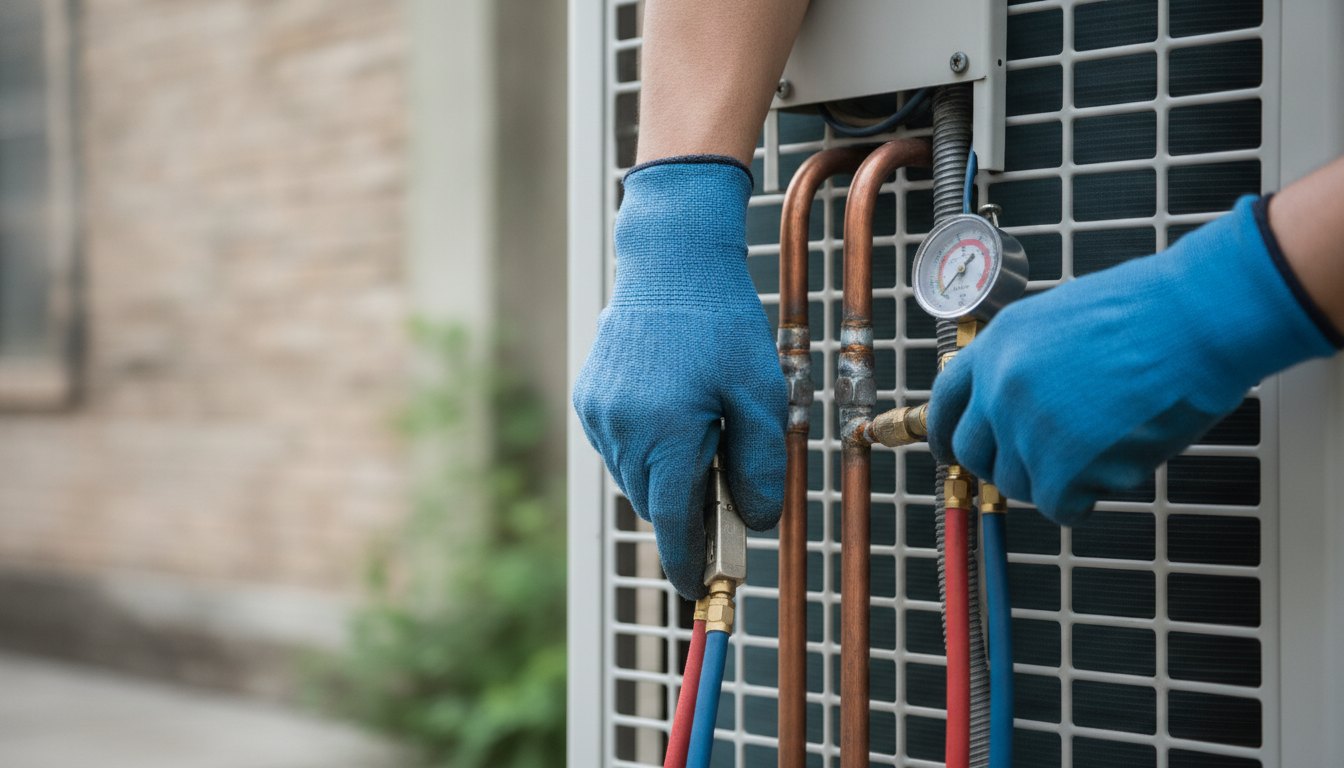 Técnico com luvas inspecionando a tubulação de cobre de uma unidade condensadora externa.