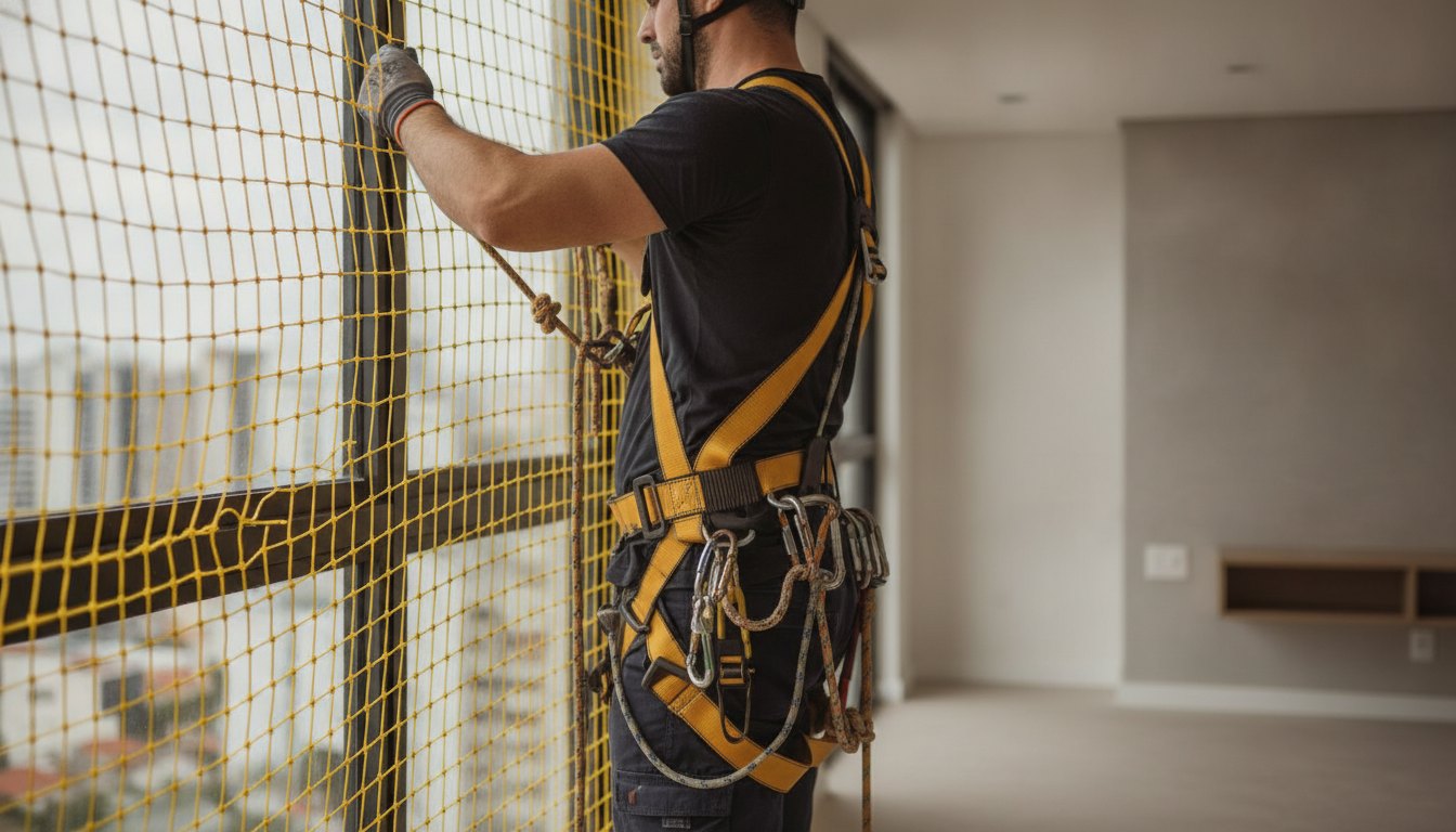 Instalador com equipamento de proteção ajustando corda perimetral de malha sintética em janela de apartamento.