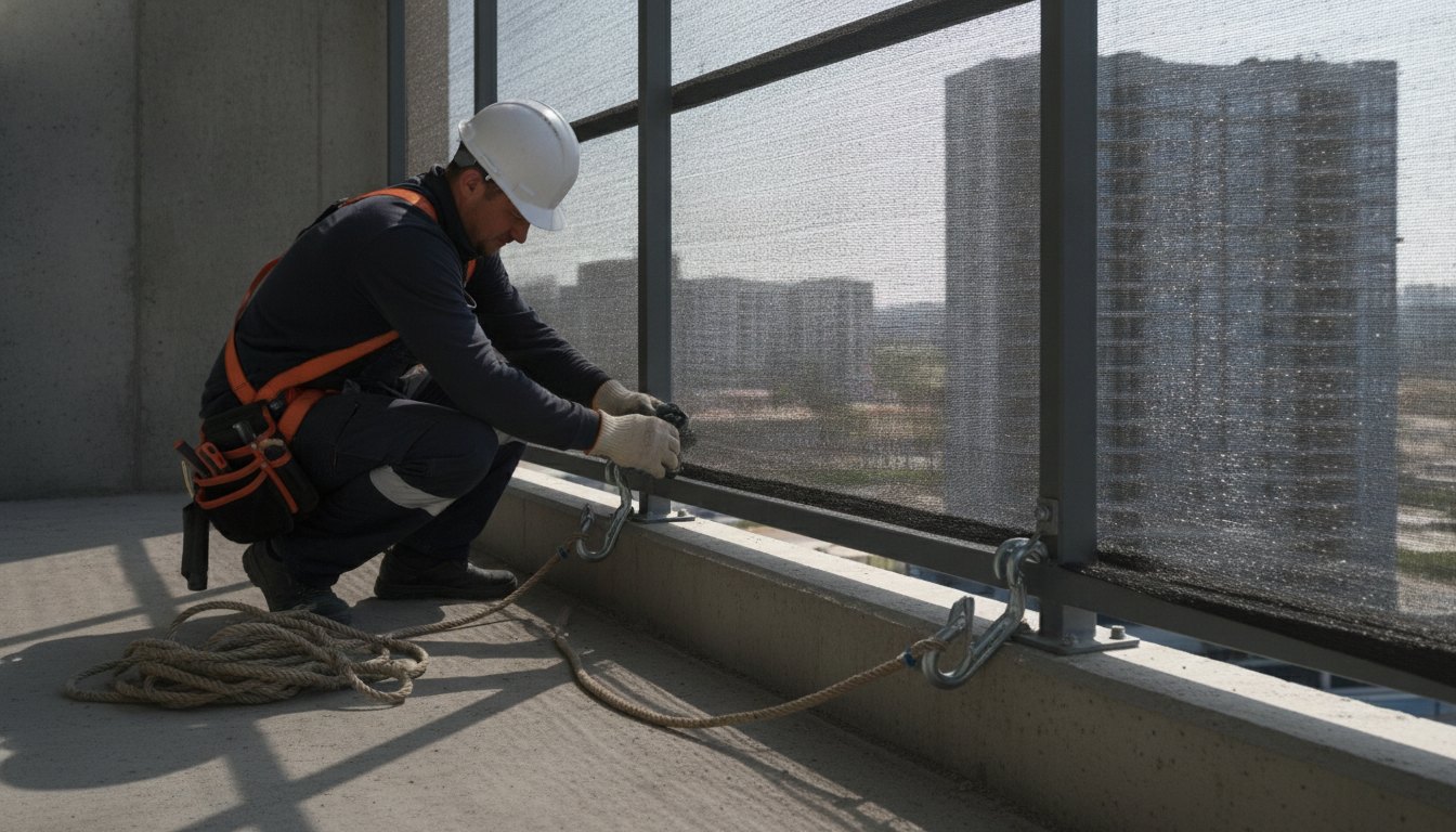 Trabalhador com equipamento de segurança ajustando ganchos de uma tela em sacada de apartamento.