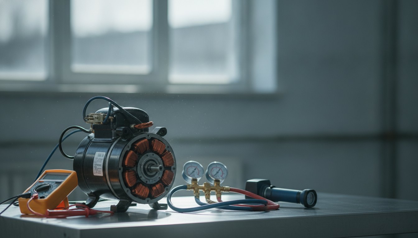 Técnico inspecionando o motor de um refrigerador com ferramentas de medição em uma bancada de testes.