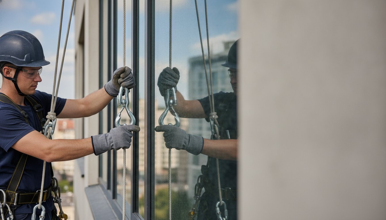 Profissional com equipamento de segurança ajustando ganchos de fixação em uma janela de edifício.