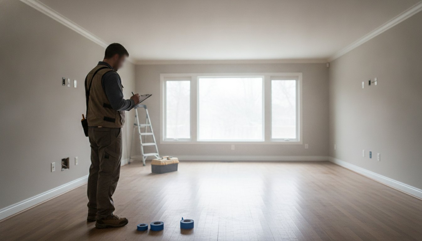 Profissional com prancheta realizando vistoria técnica em um ambiente residencial recém-desocupado.
