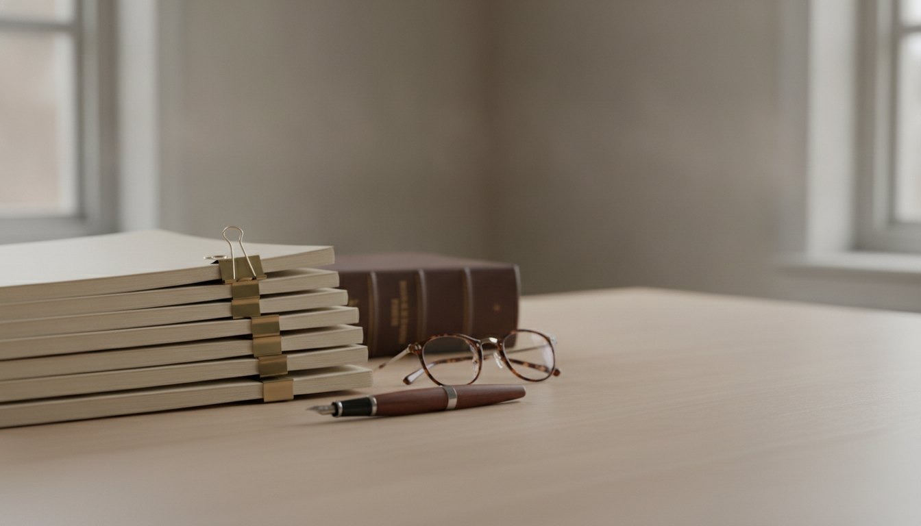 Documentos organizados sobre uma mesa de escritório ao lado de uma caneta e óculos de leitura.