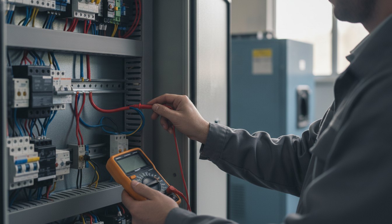 Técnico com multímetro medindo a corrente no painel de um equipamento de refrigeração comercial.