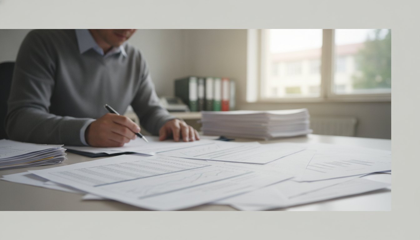Servidor público analisa documentos financeiros e planilhas em um escritório administrativo de escola.