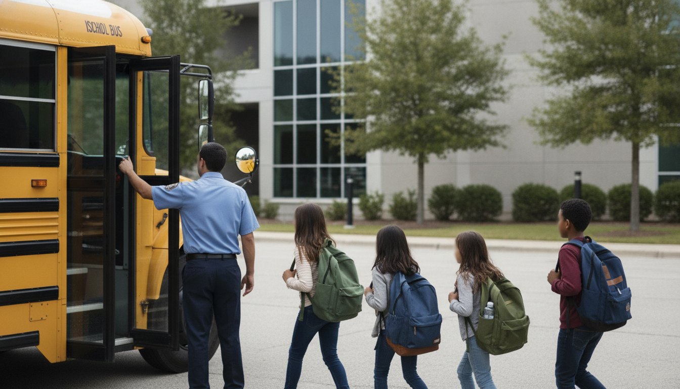 Motorista de ônibus escolar amarelo auxiliando estudantes com mochilas durante o embarque no veículo.