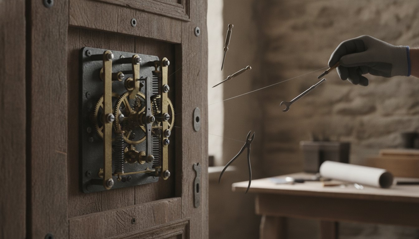 Profissional ajustando o maquinário interno de uma porta de madeira com ferramentas manuais de precisão.