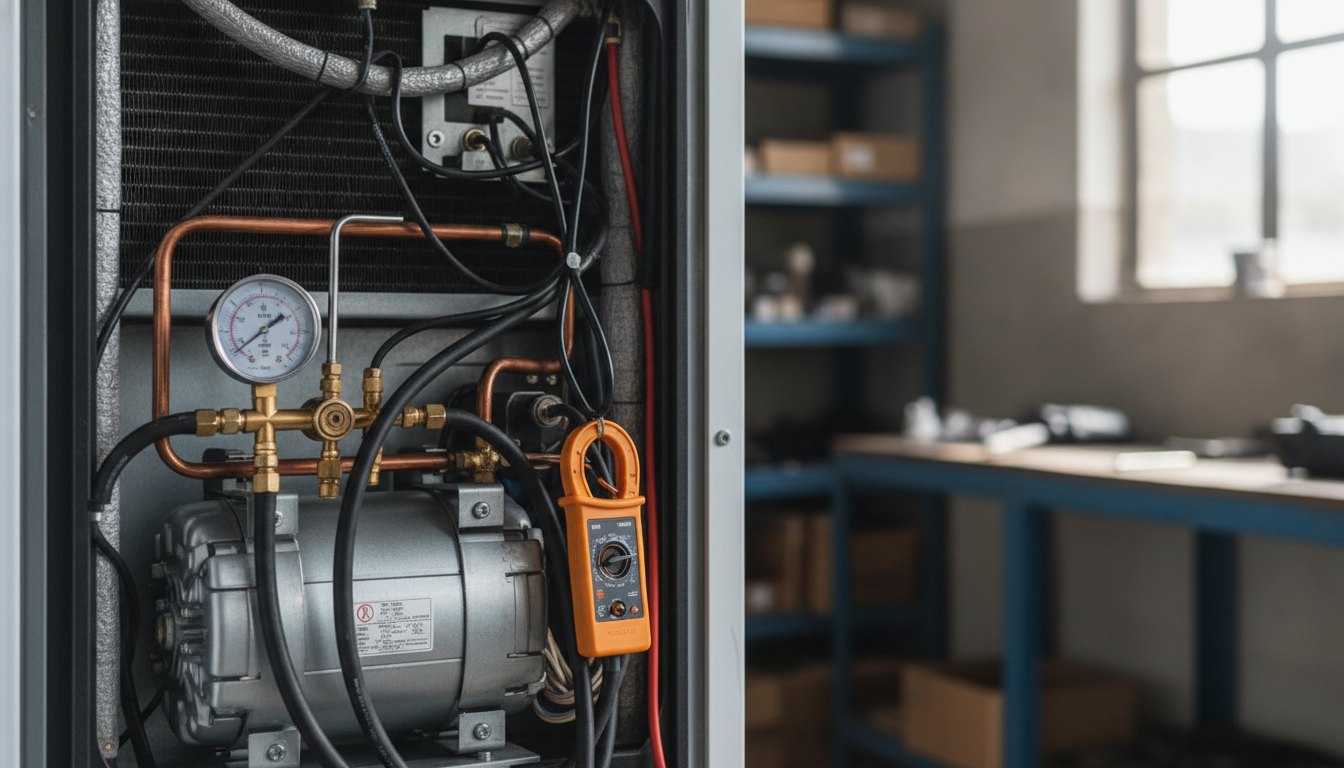 Técnico inspecionando o compressor na parte traseira de um refrigerador com ferramentas de medição manual.