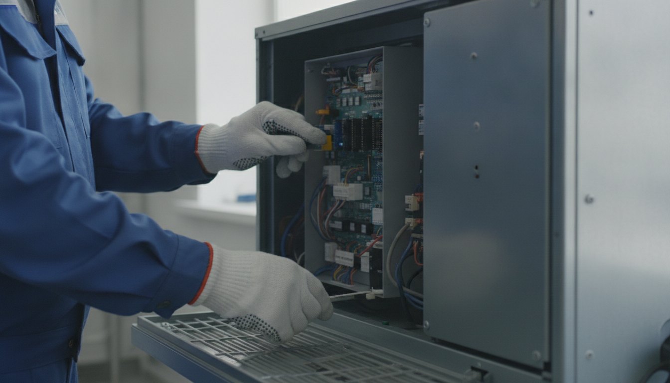 Técnico com uniforme e luvas inspecionando o painel de um aparelho de ar condicionado aberto.