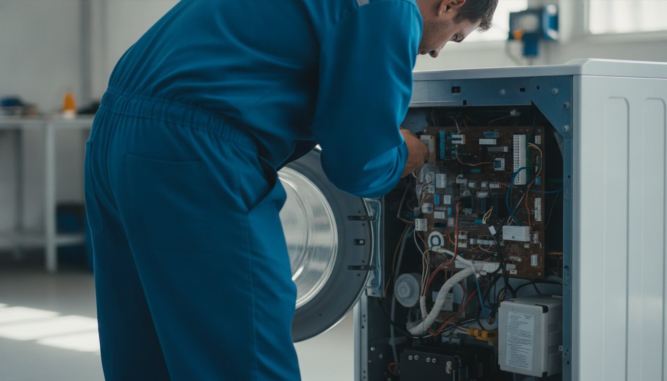 Técnico com uniforme azul inspeciona o painel elétrico de uma máquina de lavar aberta