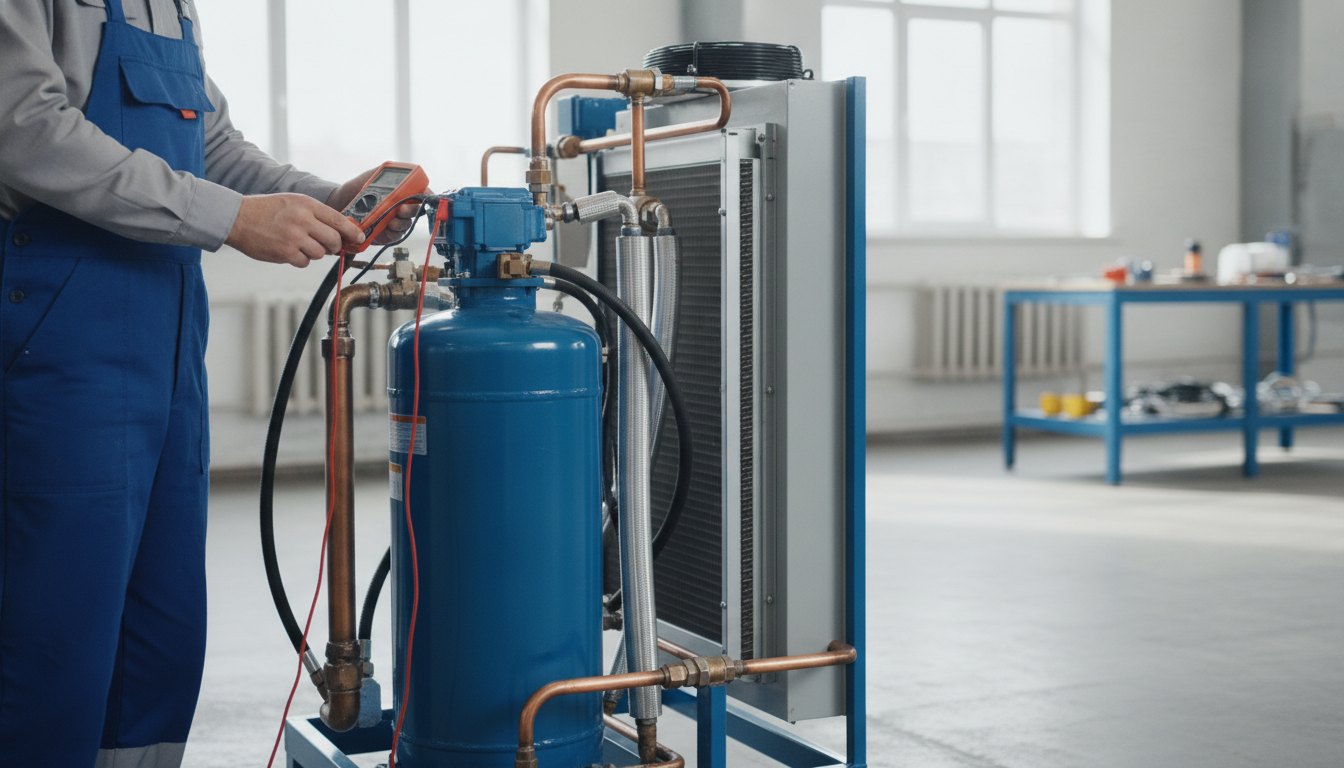 Técnico com multímetro medindo a tensão no compressor de um equipamento de refrigeração.
