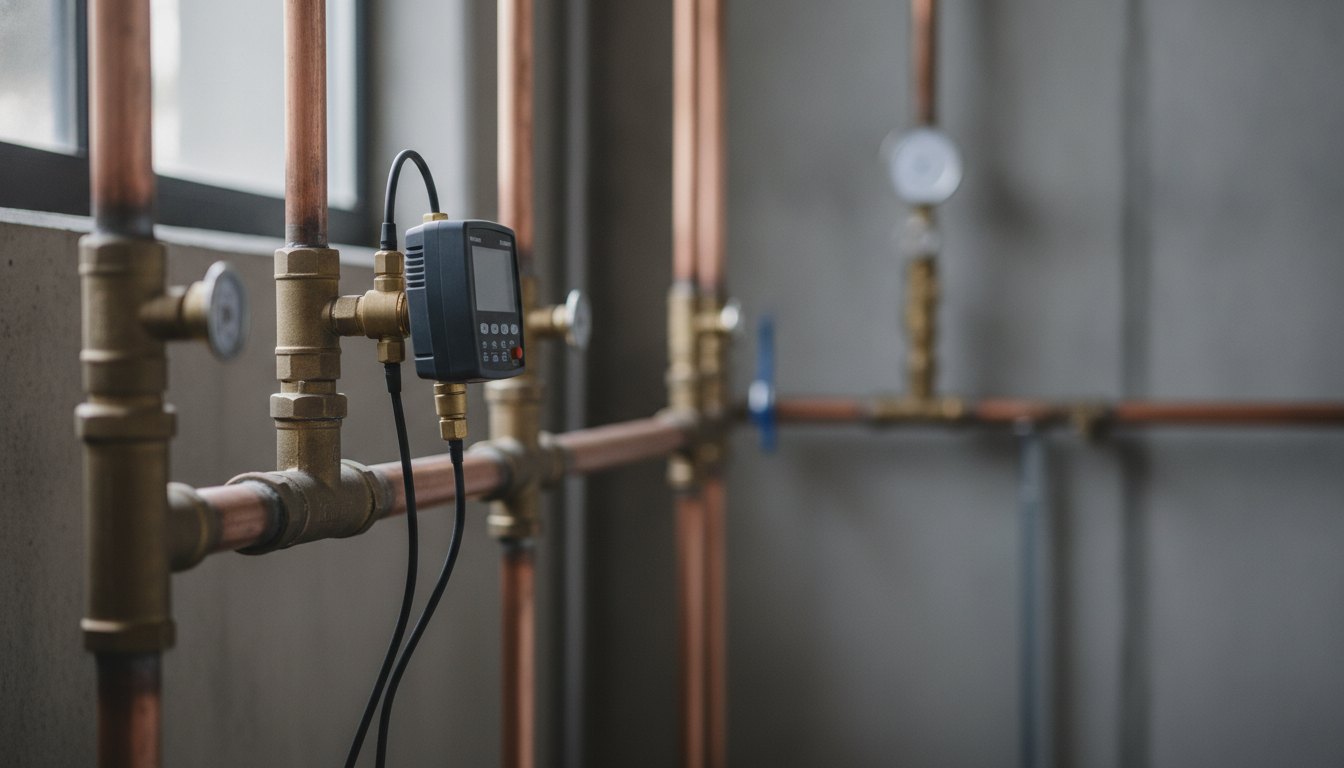 Técnico inspecionando tubulação de cobre e válvulas de um sistema de abastecimento com equipamento de medição.