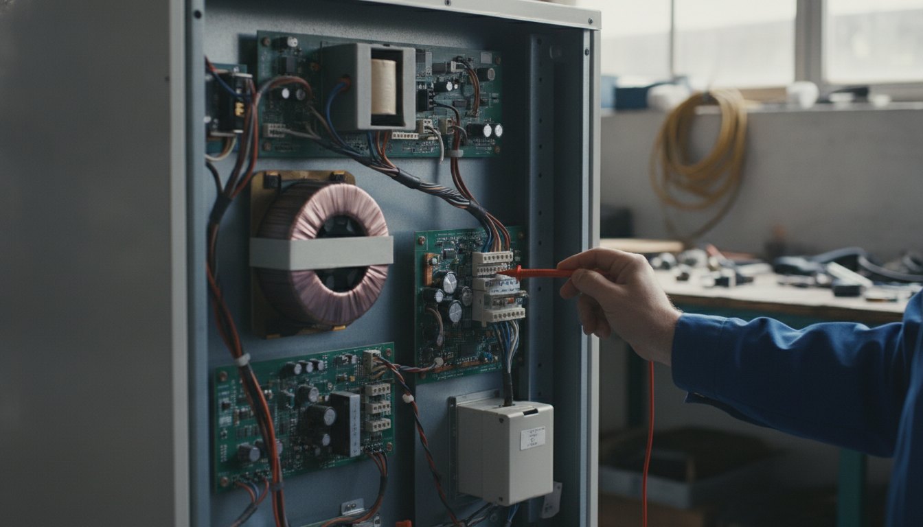 Técnico examina o painel interno de um equipamento de ar condicionado usando um multímetro.