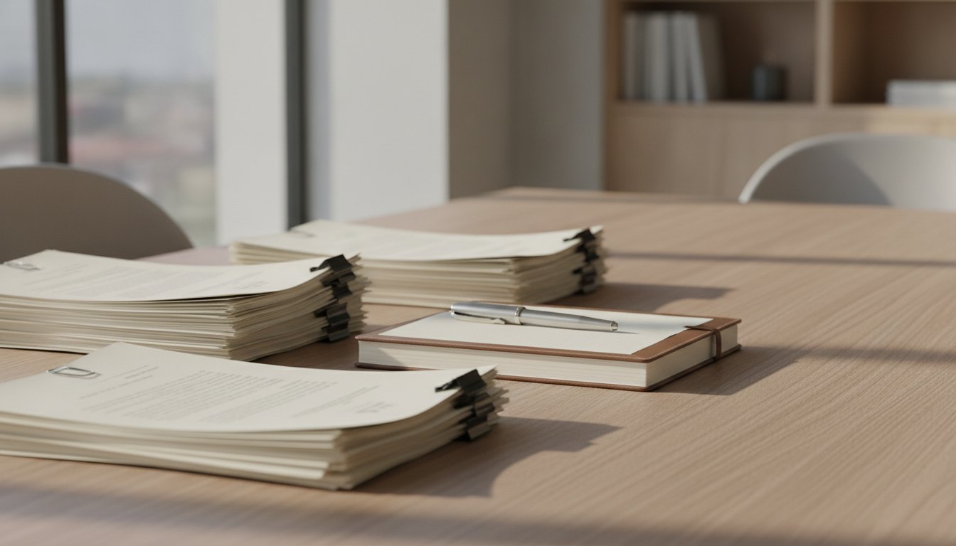 Documentos organizados sobre uma mesa de escritório ao lado de uma caneta e um notebook.