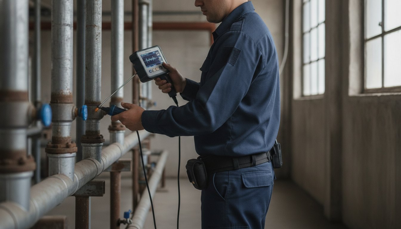 Profissional com uniforme de segurança inspeciona encanamento metálico utilizando equipamento de rastreamento acústico.