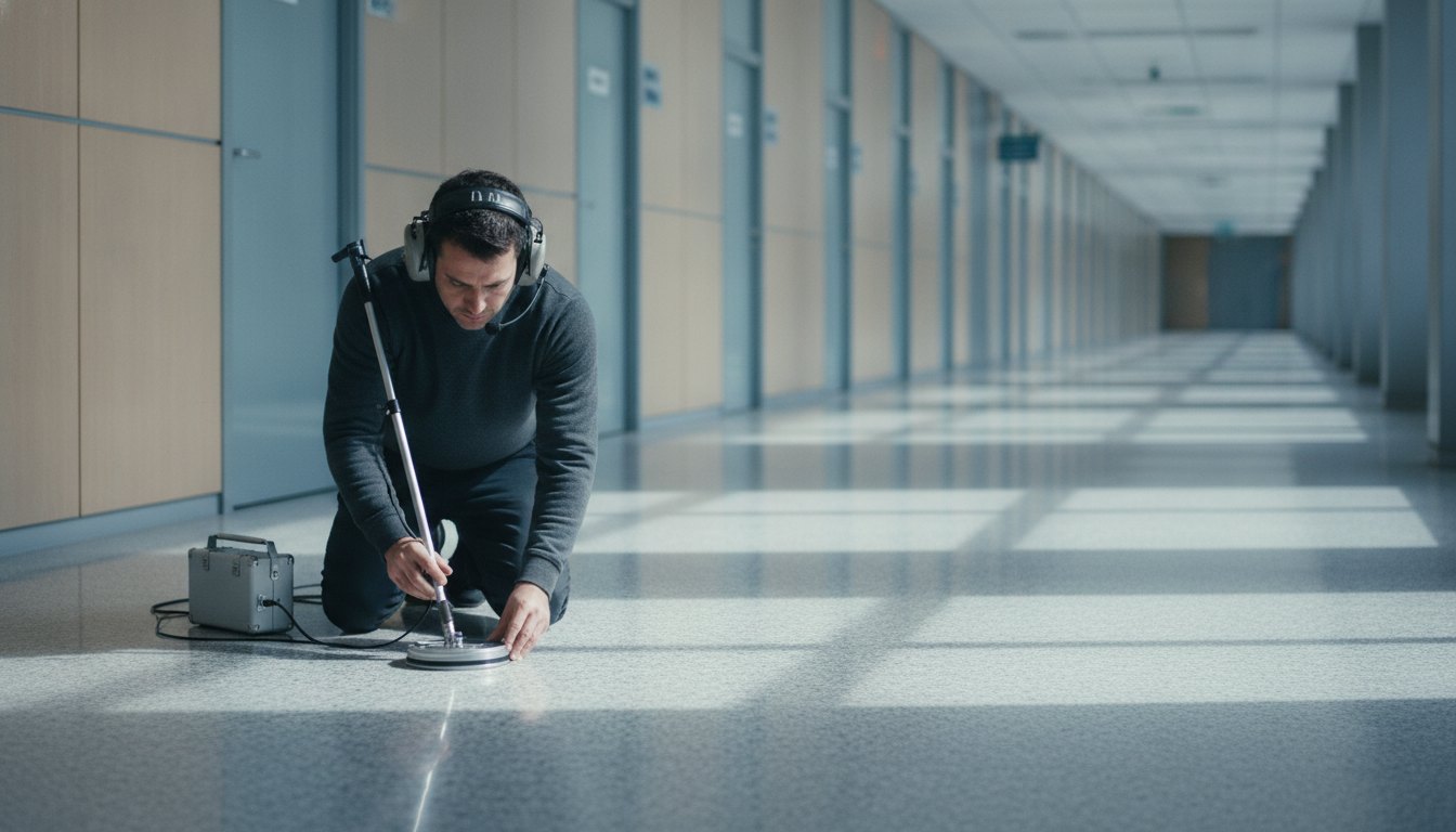 Operador com fone de ouvido utilizando equipamento de geofone no piso de um corredor institucional.