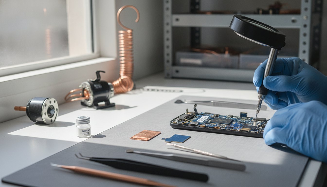 Técnico de manutenção inspecionando a placa interna de um smartphone sobre uma bancada de trabalho iluminada