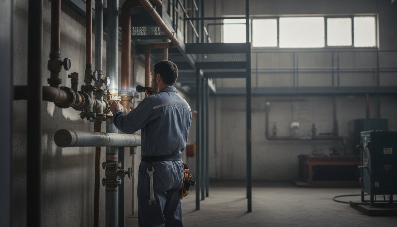 Profissional com uniforme de manutenção inspeciona tubulação aparente utilizando ferramentas e lanterna.