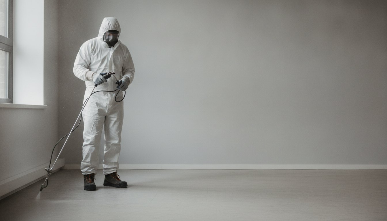 Profissional com equipamento de proteção individual aplicando produto nos rodapés de uma sala vazia.