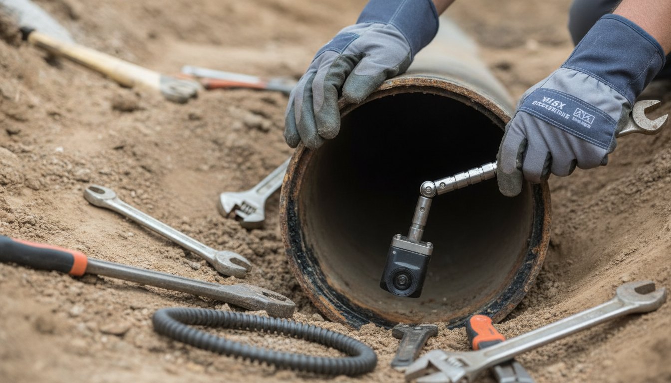 Profissional com luvas e ferramentas inspecionando uma tubulação de esgoto aberta no chão.