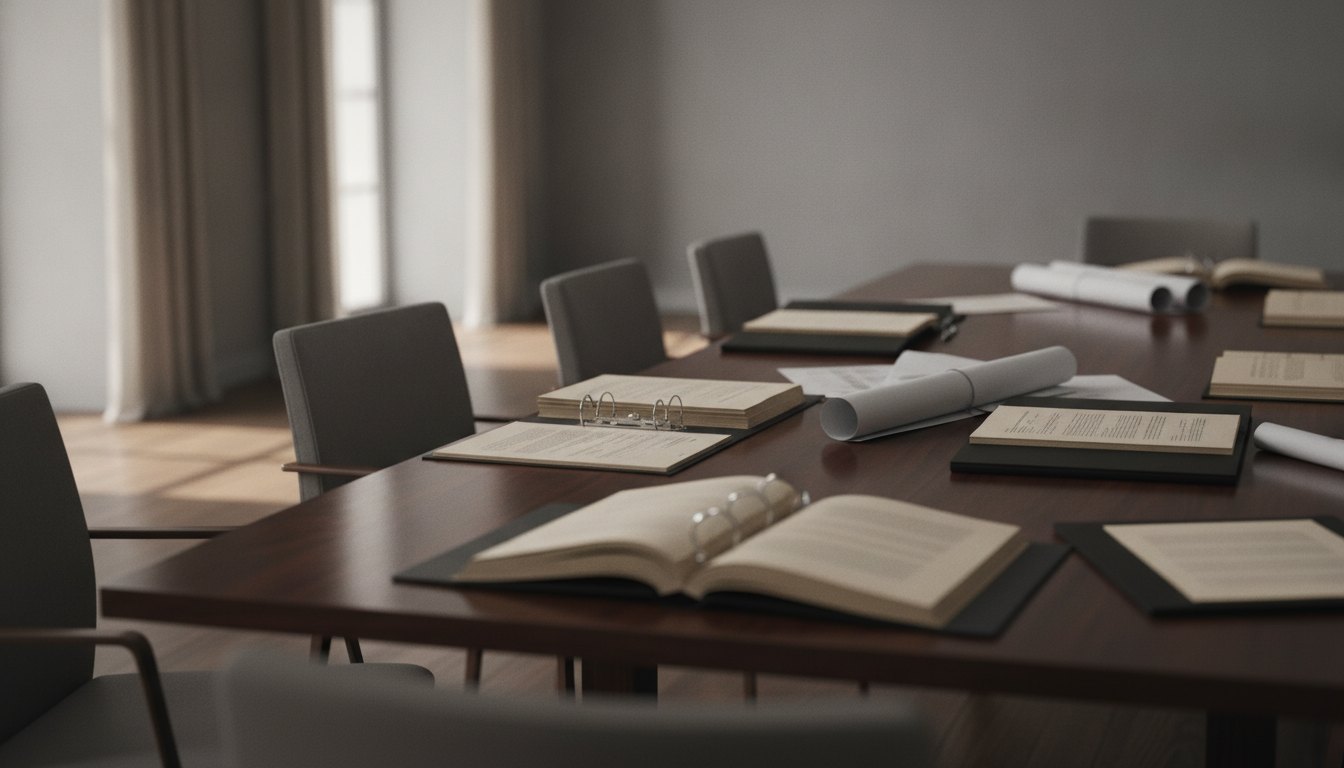 Pessoas sentadas ao redor de uma mesa de reunião analisando documentos impressos.