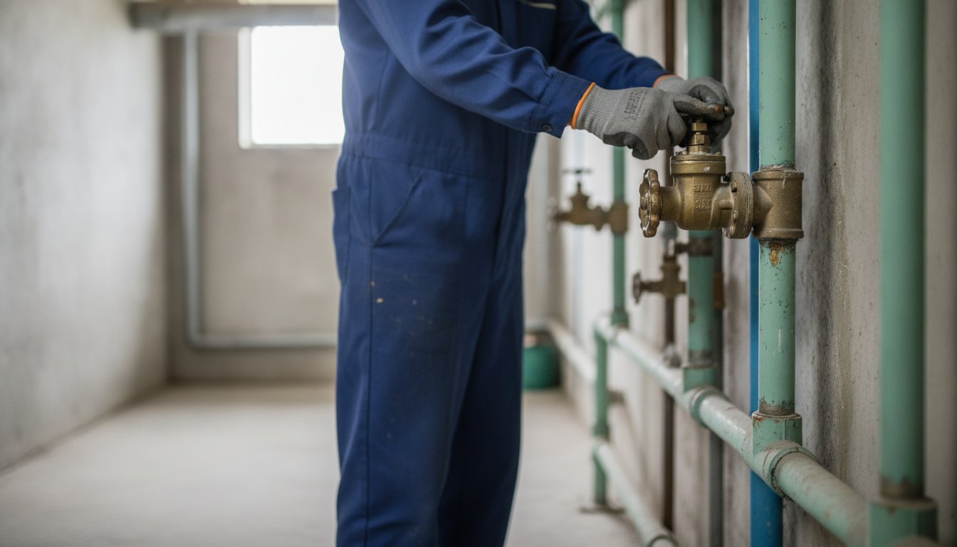 Técnico com uniforme e luvas ajustando uma válvula metálica em uma tubulação de água predial.