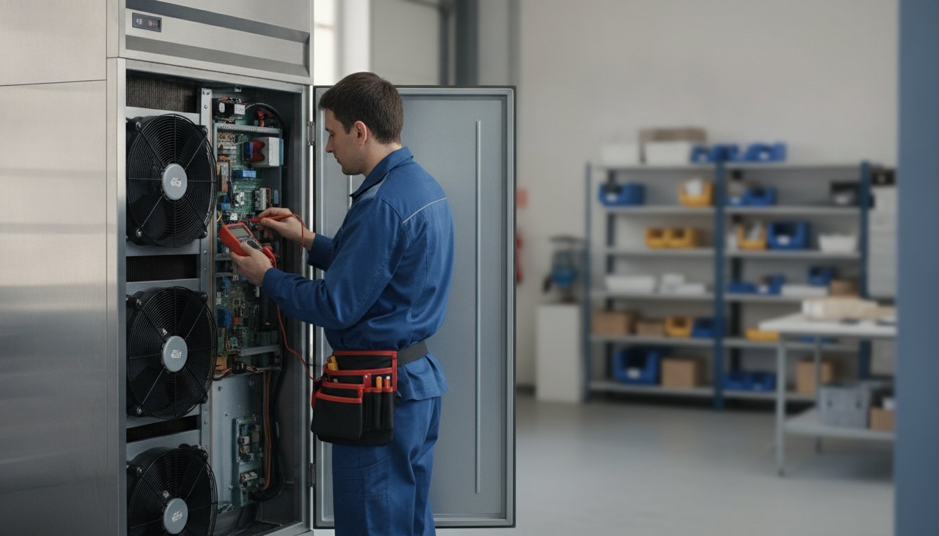 Técnico com uniforme de trabalho inspecionando o painel traseiro de um refrigerador comercial usando um multímetro
