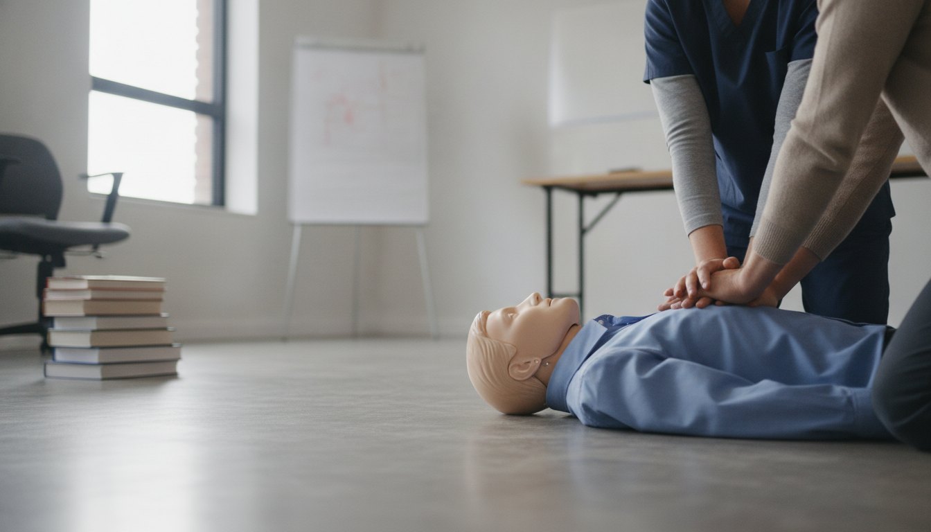 Profissionais de educação treinando manobras de reanimação cardíaca em um boneco no chão da sala.
